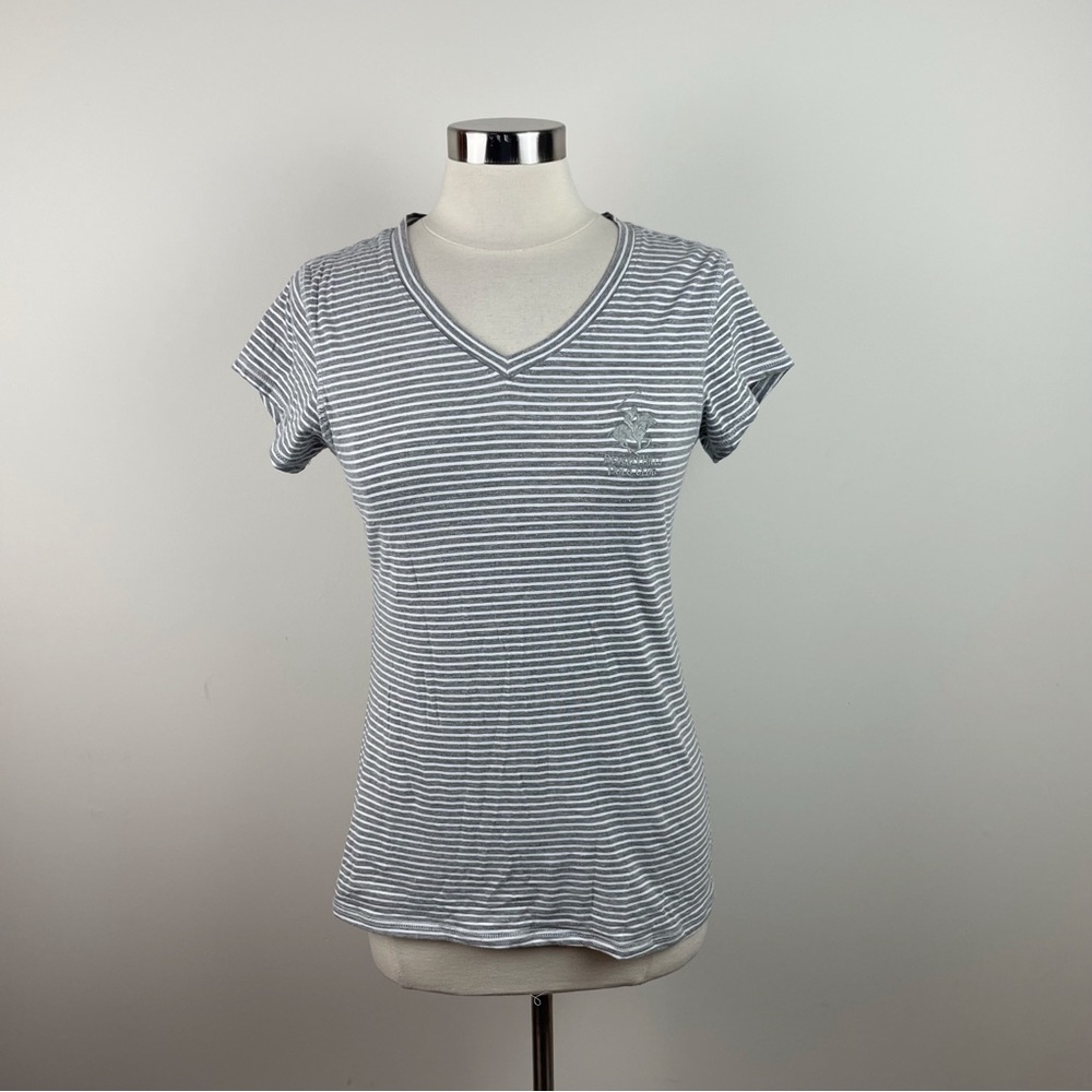 Beverly Hills Polo Club Gray White Stripe Short Sleeve Tee Shirt Top Women Large